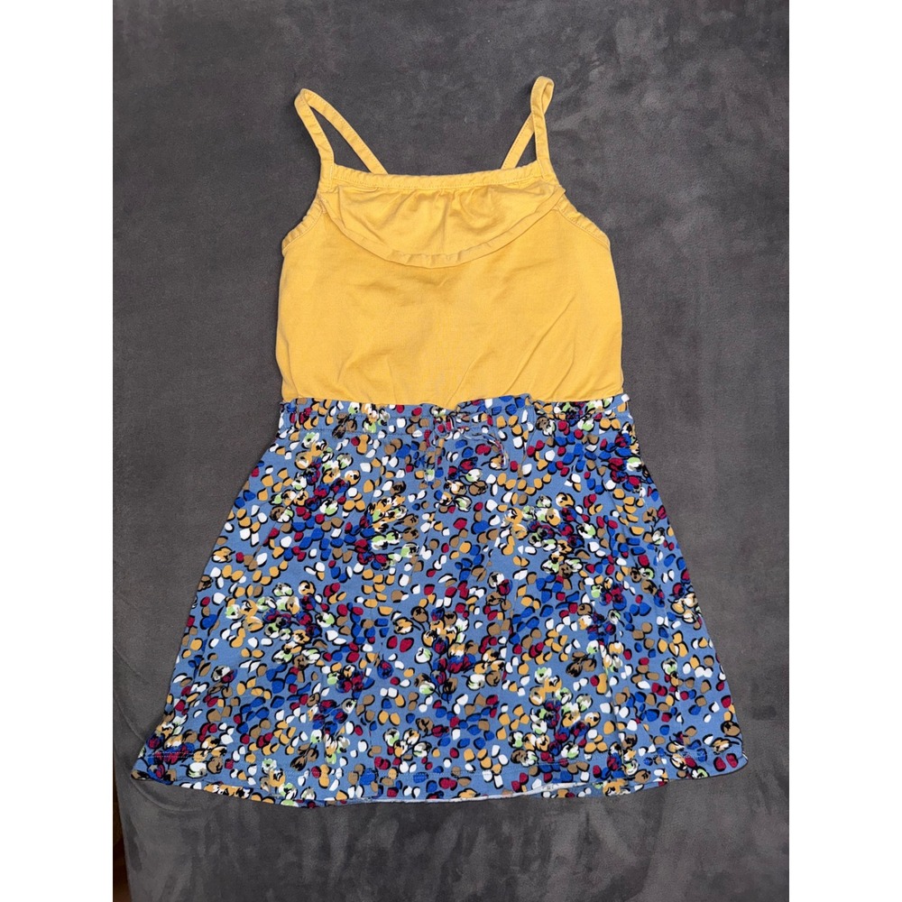 Hanna Andersson Girls Yellow Blue Floral Ruffle Cross Back Knit Dress Size 110